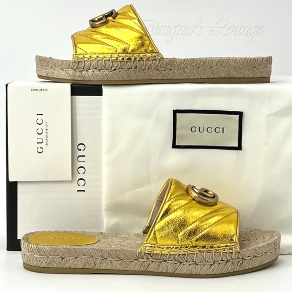 ⚡️SOLD! NEW GUCCI Marmont GG EU 39.5 Pilar Metallic Gold Leather Espadrilles - Picture 11 of 11